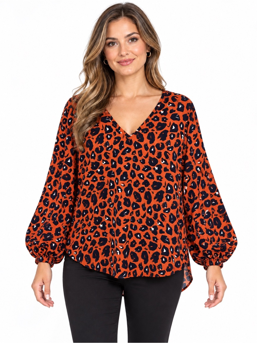 Mudpie Size Small V-Neck Rust Leopard Print Long-Sleeve Blouse Oversized